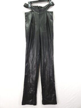 Hot & Delicious Womens Small Black Faux Leather Cutout Waist Straight Leg Pants